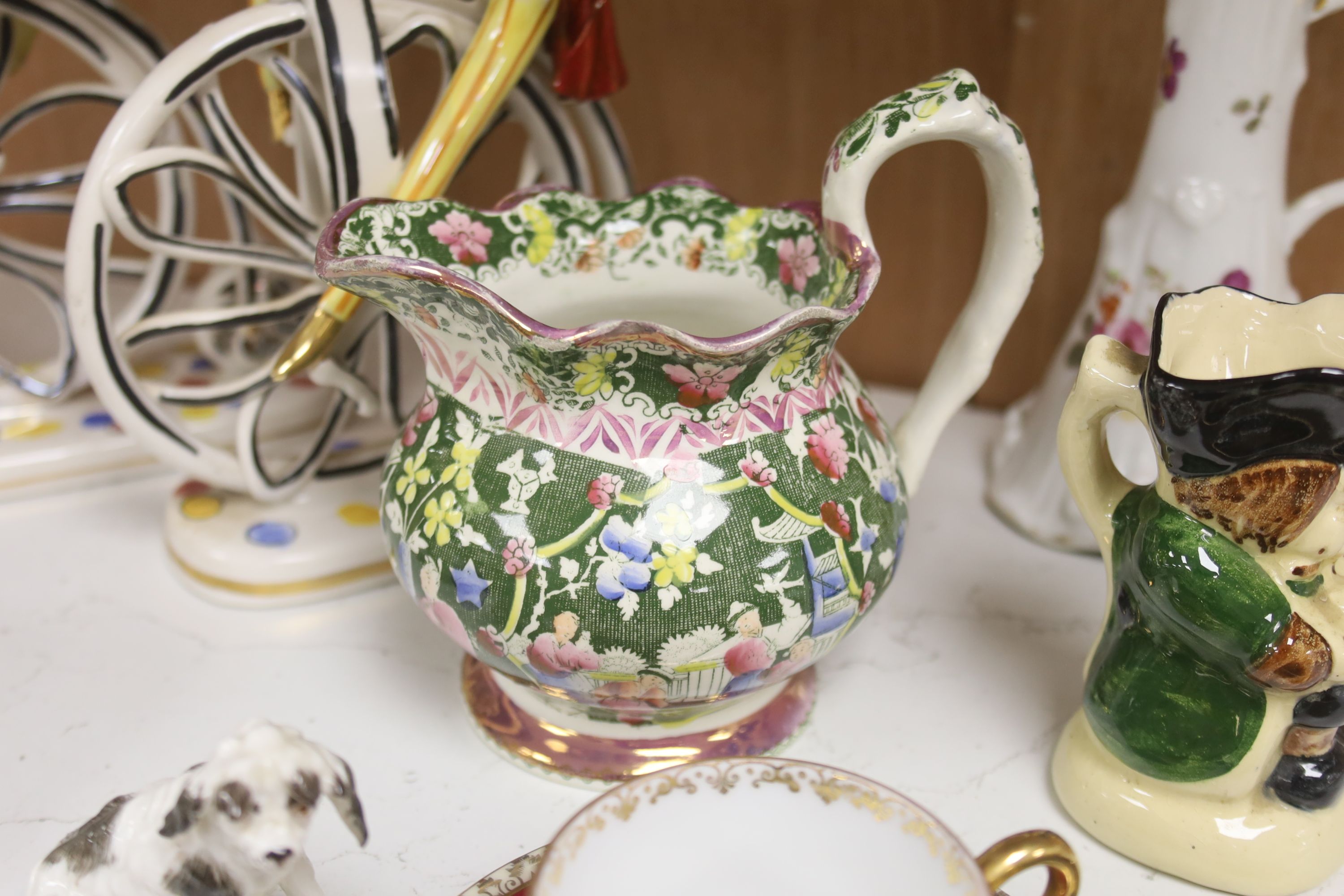 A Meissen floral encrusted cup and saucer and sundry decorative ceramics, tallest 23cm